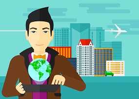illustration homme tenant un globe terrestre et une tableete immeuble en arrière plan