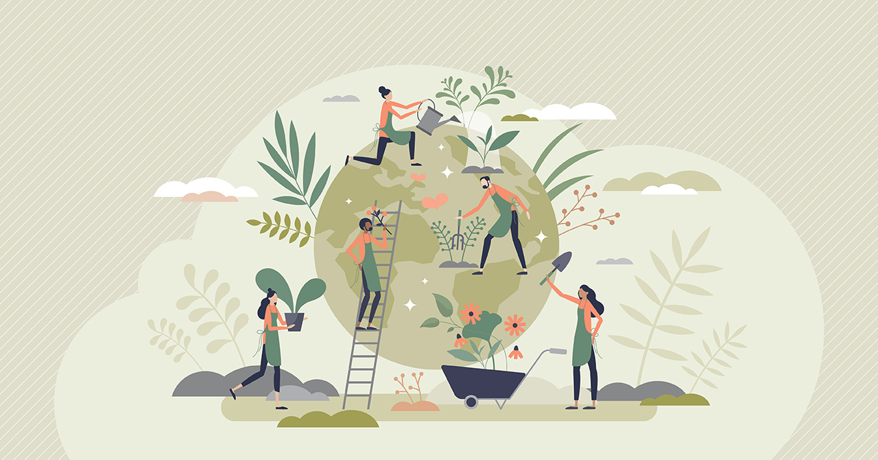 illustration écologie développement durable personnages sur le globe terrestrefont du jardinage