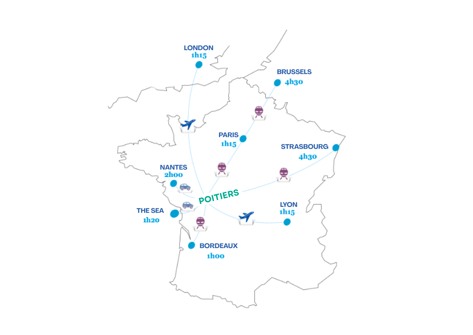 Map of France, travel time to reach the Institute