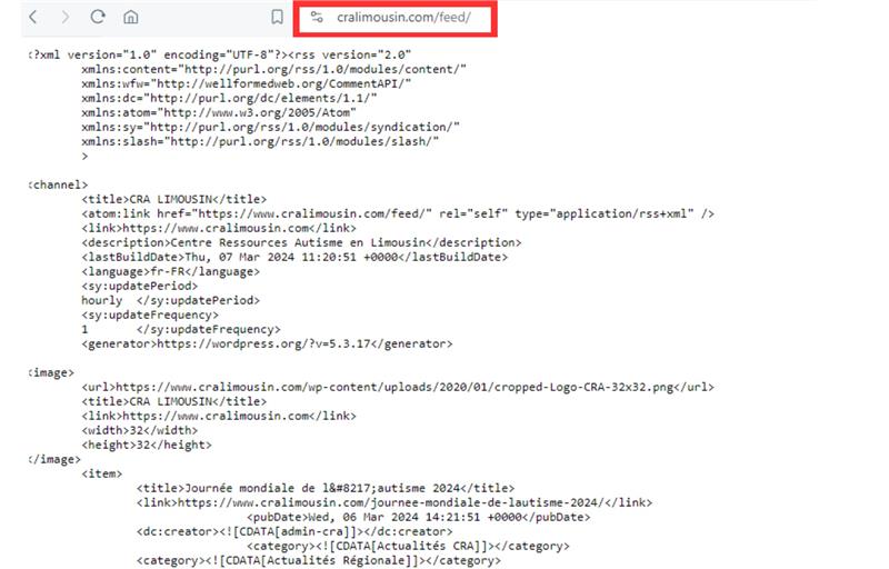 capture d'écran : pour retrouver le flux RSS d'un site : inscrire le nom du site, suivi de la mention RSS