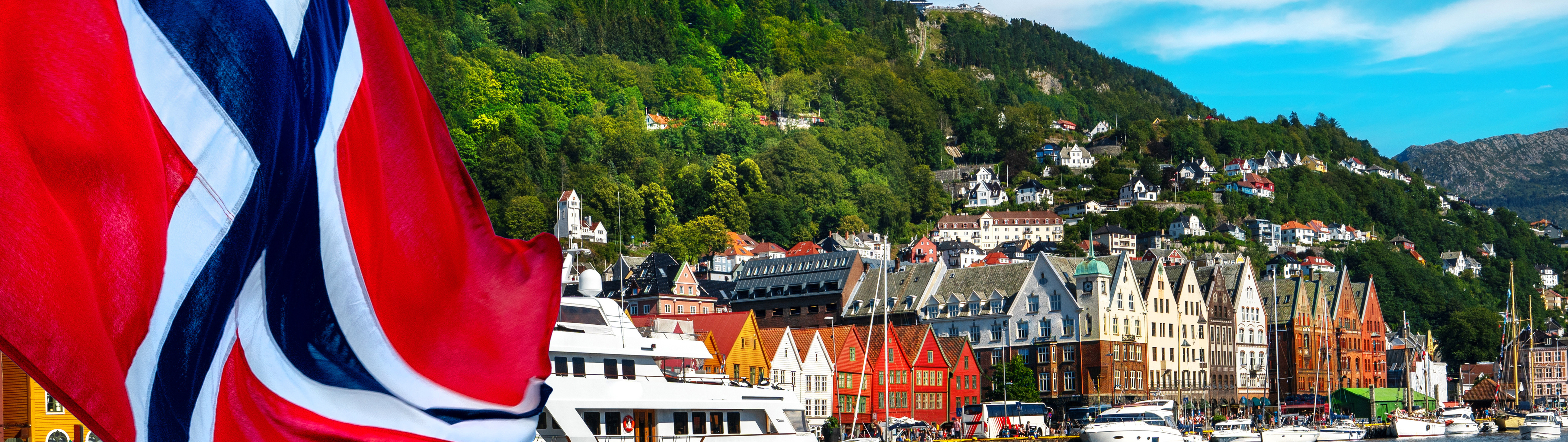 Photo drapeau norvège  et paysage norvegien