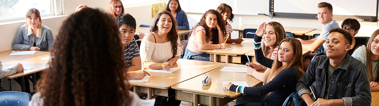 Photo de classe avec enseignante de dos et élèves collégiens