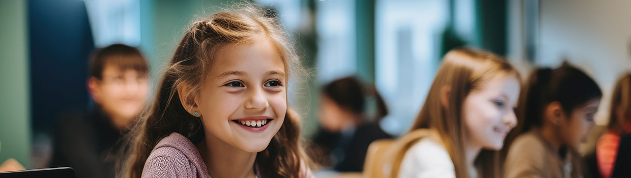 Photo élève fille en classe devant portable ordinateur sourire