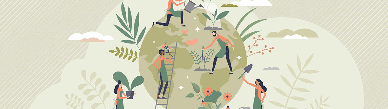 illustration écologie développement durable personnages sur le globe terrestrefont du jardinage