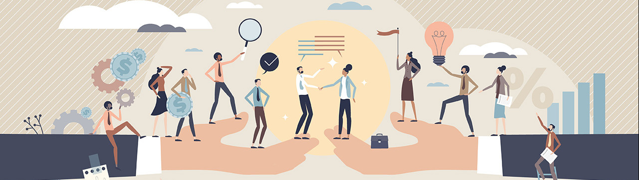 Illustration coopération partenariat plusieurs personnes sur des bras que se rejoignent communication
