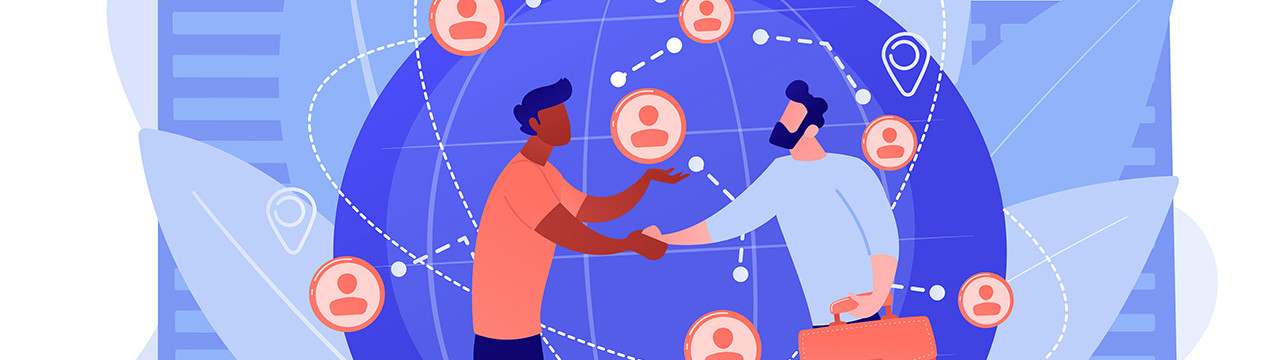 illustration deux hommes se serrent la main avec en arrière plan un globe terrestre international communicaton réseau