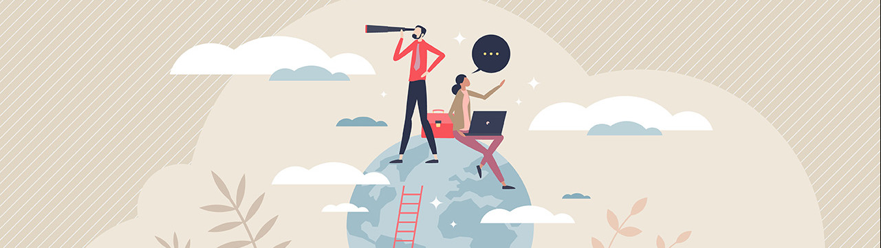 Illustration deux personnes sur le globe terrestre avec longue vue et ordinateur travail à l'international orientation professionnelle
