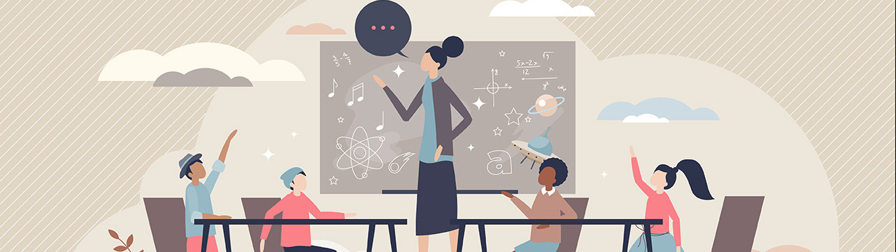 Illustration enseignante professeur devant élèves en classe avec tableau