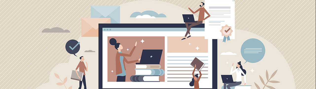 Illustration formation à distance étudiants stagiaires avec des livres et sur ordinateur numerique