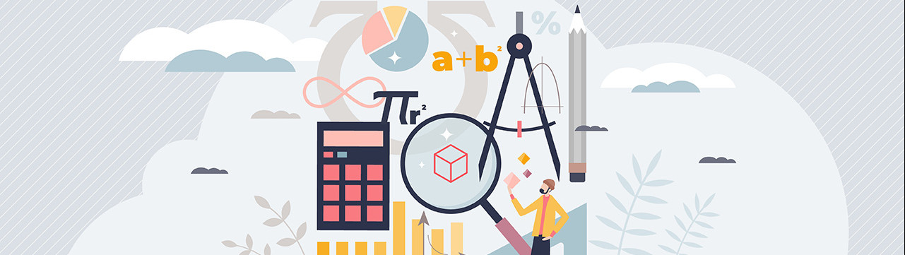 Illustration homme devant différents outils et incones représentant les mathématiques données stratistiques