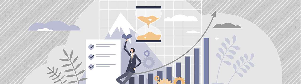 illustration personnage avec graphique sablier flèche évolution management