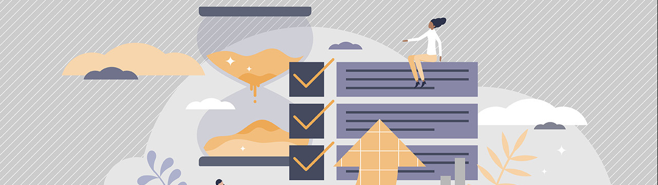 illustration personnage avec graphique sablier évolution management