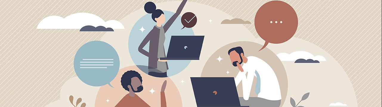 Illustration plusieurs personnes avec ordinateurs communiquent communication travail collaboratif télétravail travail à distance numerique 