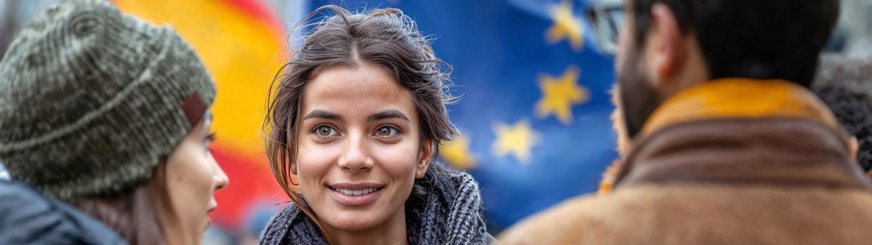 Jeunes discutant avec un drapeau de l'Union européenne en fond
