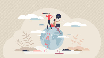 Illustration deux personnes sur le globe terrestre avec longue vue et ordinateur travail à l'international orientation professionnelle