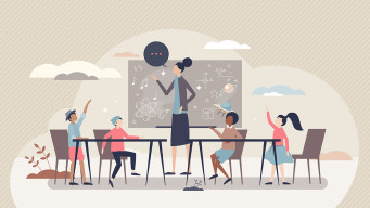 Illustration enseignante professeur devant élèves en classe avec tableau