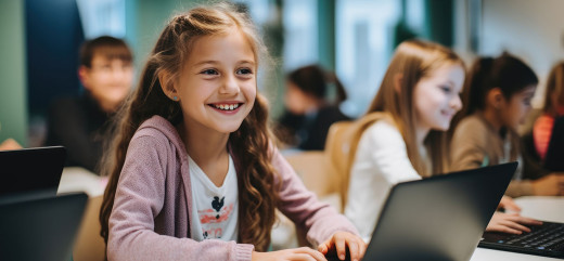 Photo élève fille en classe devant portable ordinateur sourire