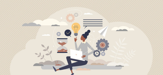 illustration personnage avec ampoule sablier engrenage management