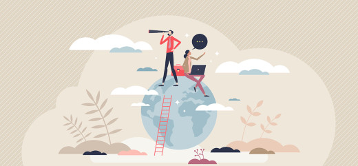 Illustration deux personnes sur le globe terrestre avec longue vue et ordinateur travail à l'international orientation professionnelle