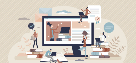 Illustration formation à distance étudiants stagiaires avec des livres et sur ordinateur numerique