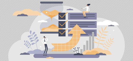 illustration personnage avec graphique sablier évolution management