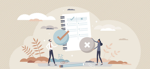 Illustration évaluation scolaire ou universitaire avec les icones v ou la croix et deux eleves etudiants