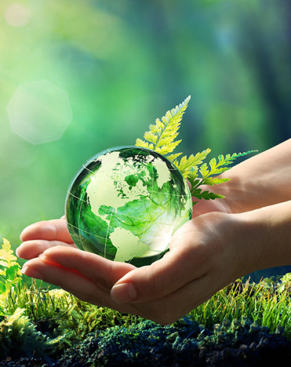 photo une main tient un globe terrestre transparent arrière plan nature écologie développement durable