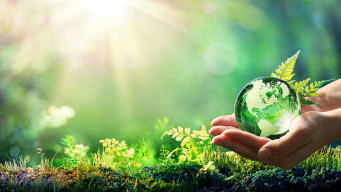 photo une main tient un globe terrestre transparent arrière plan nature écologie développement durable
