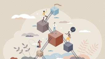 Illustration deux personnes montent des échelons vers un sommet carrière professionnelle orientation étudiant 
