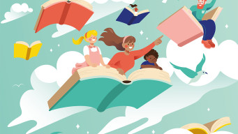 Illustration enfants élèves volent sur des livres avec un enseignant adulte lecture plaisir 