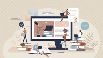Illustration formation à distance étudiants stagiaires avec des livres et sur ordinateur numerique