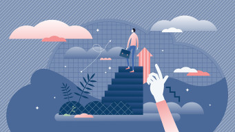 Illustration homme avec un cartable sacoche monte un escalier gestion de carrière rh ressources humaines orientation